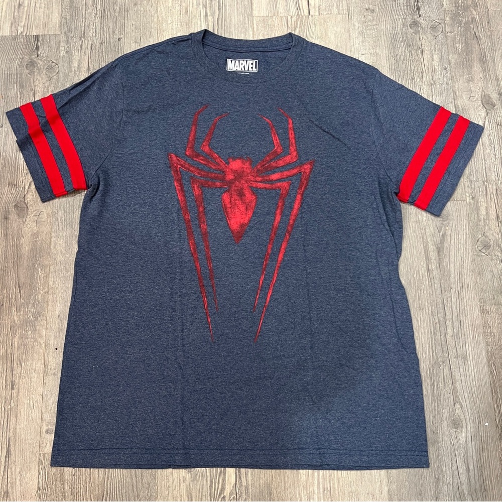 Marvel Heather Blue and Red Spider Tee Short Sleeve with Red Stripes XL